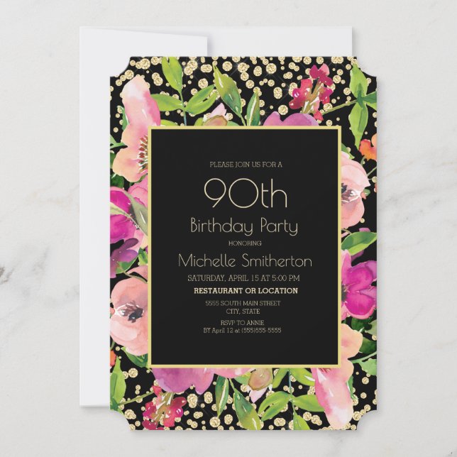 Pink Floral Black Gold Glitter 90th Birthday Card (Front)