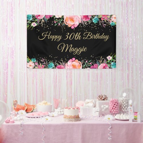 Pink Floral Black Gold Happy Birthday Banner