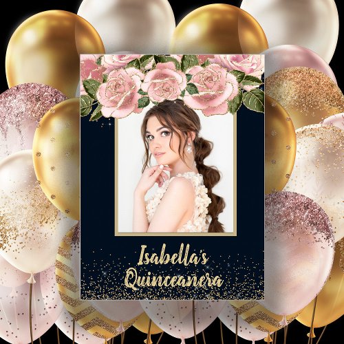 Pink Floral Black Gold Photo Quinceaera Birthday Poster