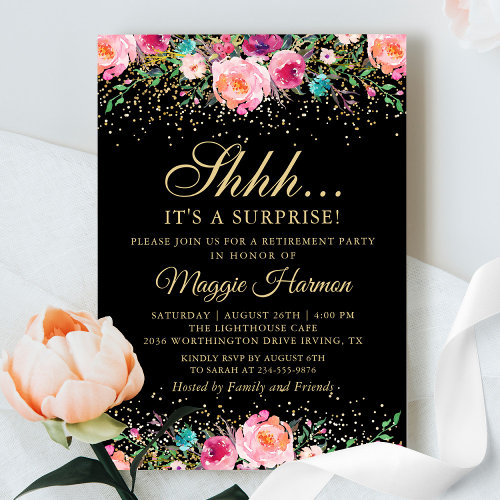 Pink Floral Black Gold Surprise Retirement Party