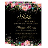 Pink Floral Black Gold Surprise Retirement Party Invitation