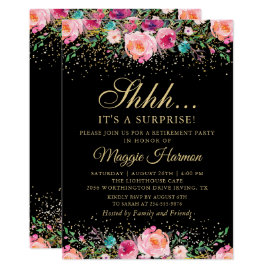 Pink Floral Black Gold Surprise Retirement Party Invitation