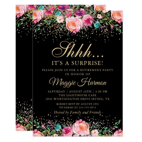 Pink Floral Black Gold Surprise Retirement Party Invitation | Zazzle.com