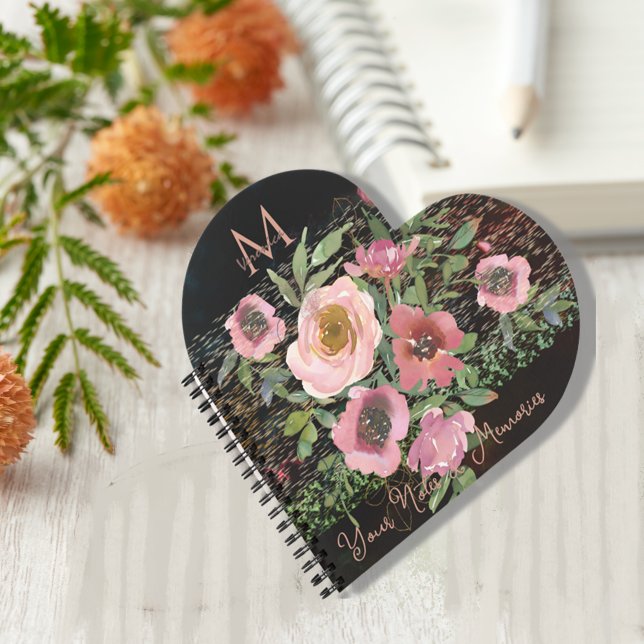 Pink Floral Black Heart-Shaped  Notebook (Pink floral black heart shaped notebook)