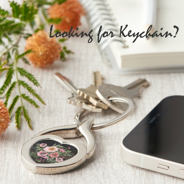 Pink Floral Black Keychain (Pink floral black key chain, great gift with monogram)