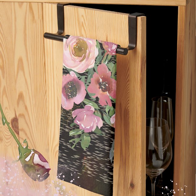 Pink Floral Black Kitchen Towel (Pink floral black kitchen towel)