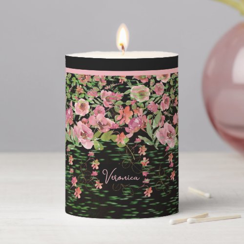 Pink Floral Black  Pillar Candle