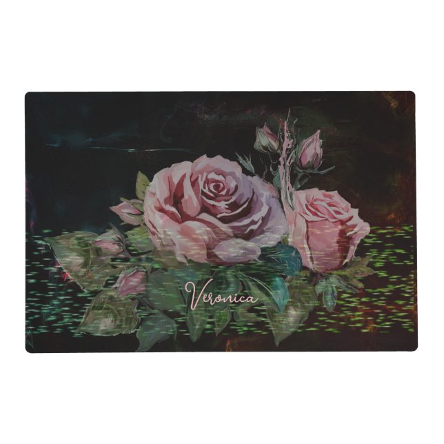 Pink Floral Black Placemat (Front)