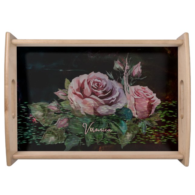 Pink Floral Black Placemat Serving Tray (Front)
