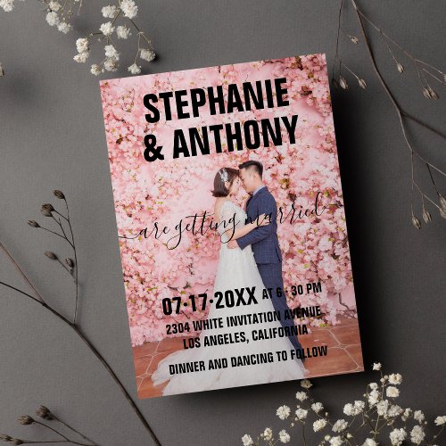 Pink floral black script typography photo wedding invitation