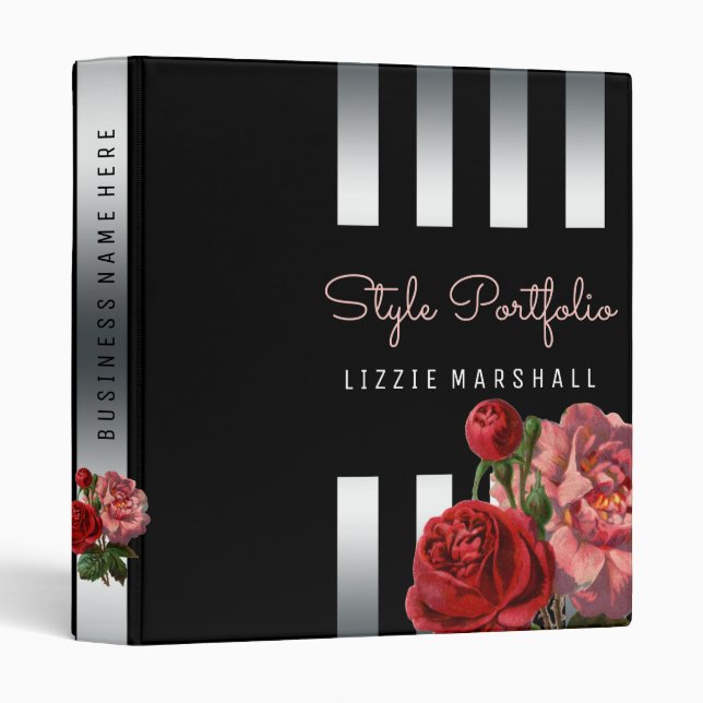 Pink Floral | Black Silver Stripes Hair Stylist Binder (Front/Spine)