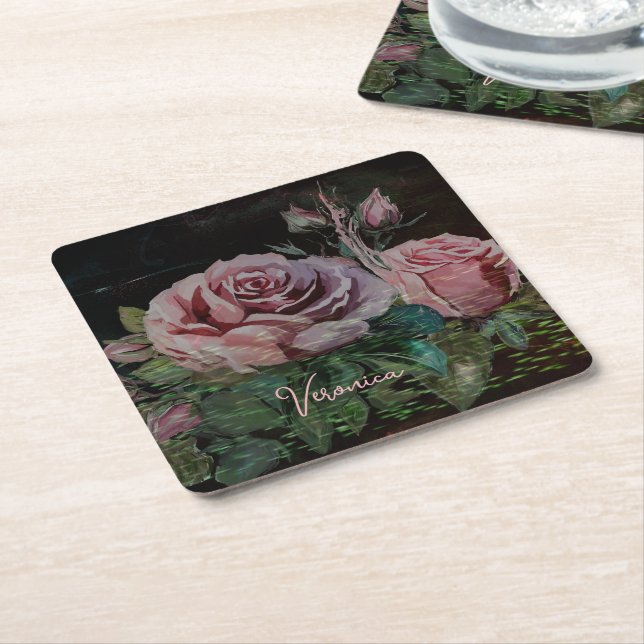 Pink Floral Black Square Paper Coaster (Angled)
