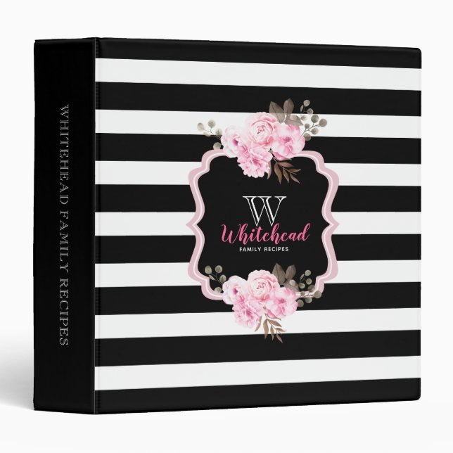 Pink Floral Black Stripe Monogram Family Recipe 3 Ring Binder (Front/Spine)