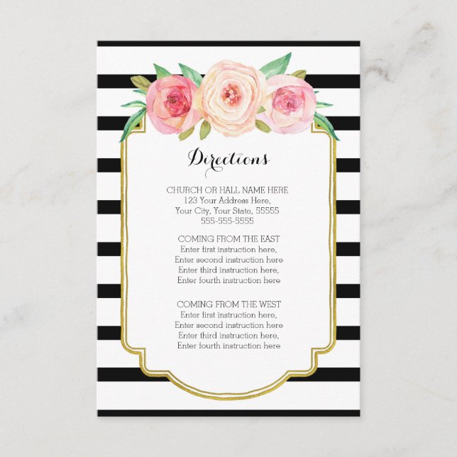 Pink Floral Black Stripes Wedding Direction Insert (Front)