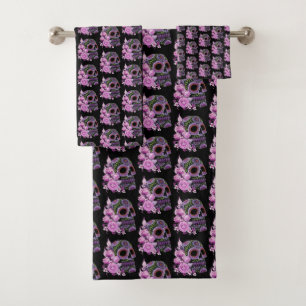Pink Floral Black Sugar Skull Day Of The Dead Bath Towel Set