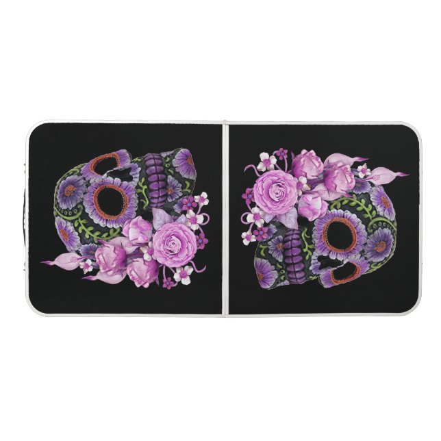Pink Floral Black Sugar Skull Day Of The Dead Beer Pong Table (Top)