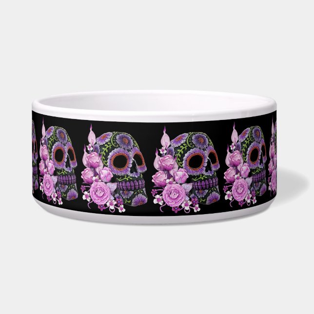 Pink Floral Black Sugar Skull Day Of The Dead Bowl (Front)