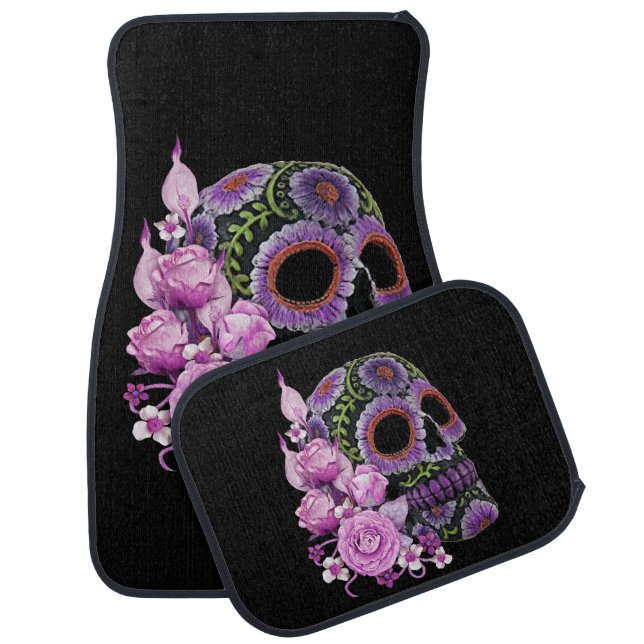 Pink Floral Black Sugar Skull Day Of The Dead Car Floor Mat (Set)
