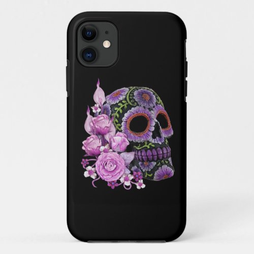 Pink Floral Black Sugar Skull Day Of The Dead iPhone 11 Case