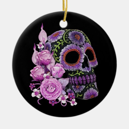 Pink Floral Black Sugar Skull Day Of The Dead Ceramic Ornament