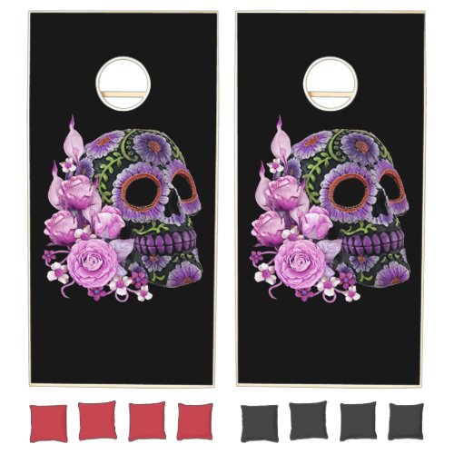 Pink Floral Black Sugar Skull Day Of The Dead Cornhole Set