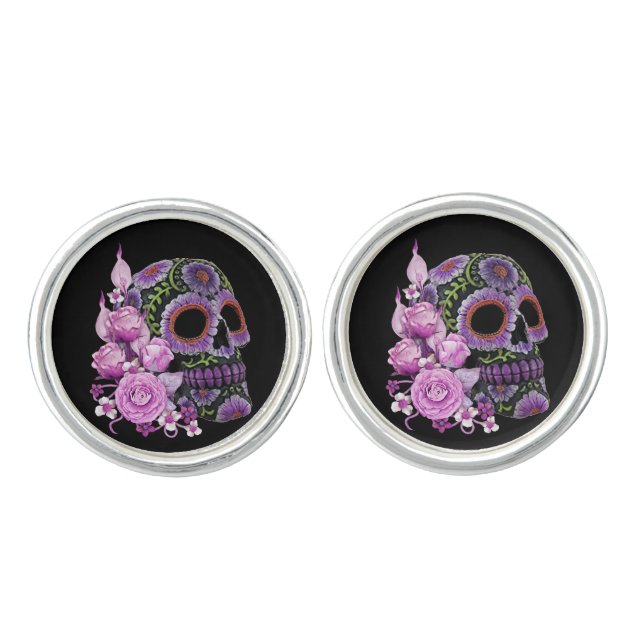 Pink Floral Black Sugar Skull Day Of The Dead Cufflinks (Front)