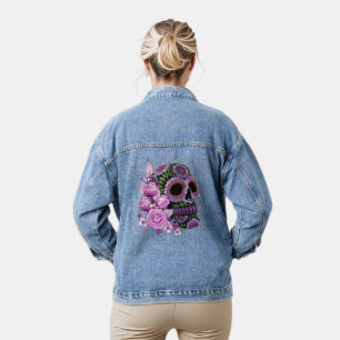 Pink Floral Black Sugar Skull Day Of The Dead Denim Jacket
