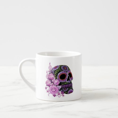 Pink Floral Black Sugar Skull Day Of The Dead Espresso Cup