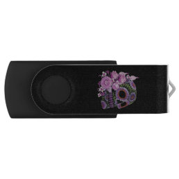 Pink Floral Black Sugar Skull Day Of The Dead Flash Drive