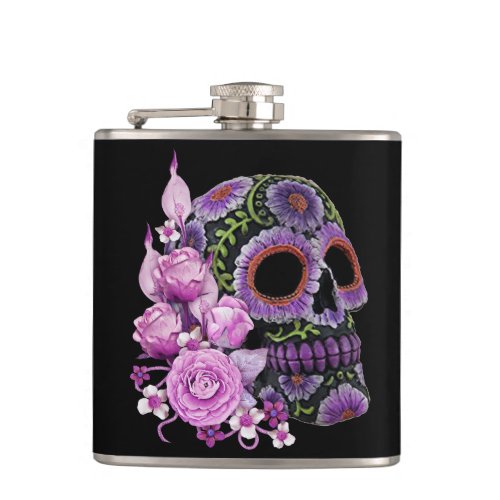 Pink Floral Black Sugar Skull Day Of The Dead Flask