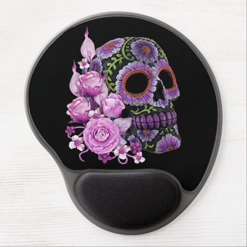 Pink Floral Black Sugar Skull Day Of The Dead Gel Mouse Pad