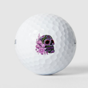Pink Floral Black Sugar Skull Day Of The Dead Golf Balls