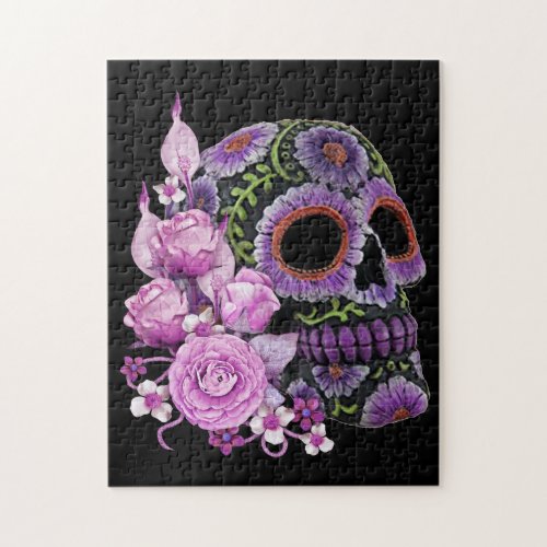 Pink Floral Black Sugar Skull Day Of The Dead Jigsaw Puzzle