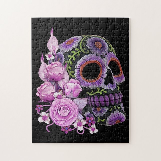 Pink Floral Black Sugar Skull Day Of The Dead Jigsaw Puzzle (Vertical)