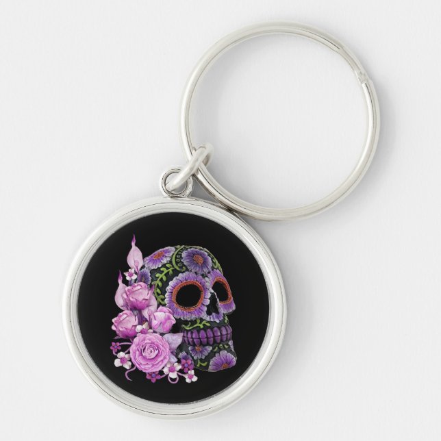 Pink Floral Black Sugar Skull Day Of The Dead Keychain (Front)