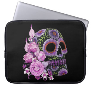 Pink Floral Black Sugar Skull Day Of The Dead Laptop Sleeve