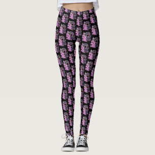 Pink Floral Black Sugar Skull Day Of The Dead Leggings