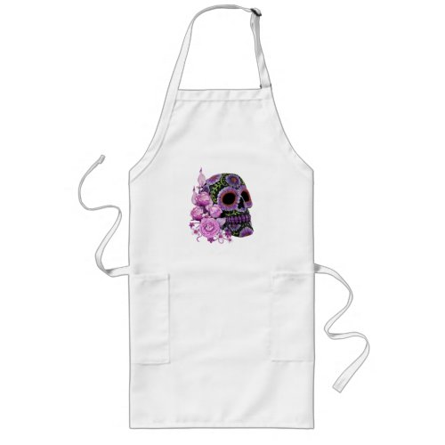 Pink Floral Black Sugar Skull Day Of The Dead Long Apron