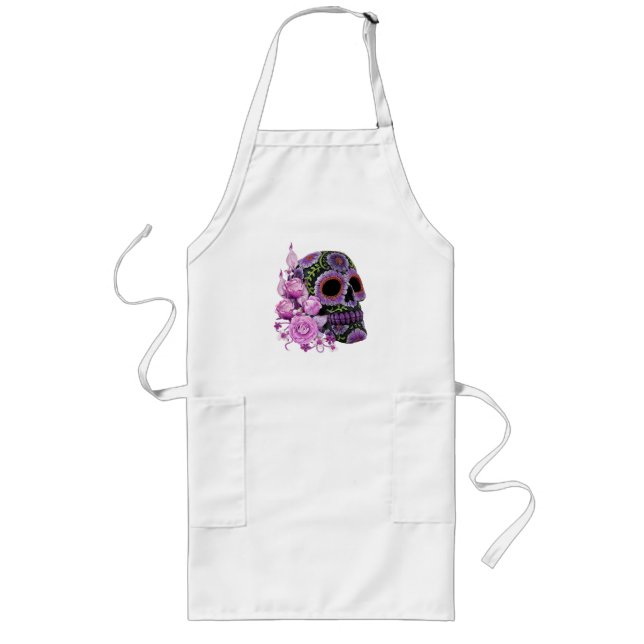 Pink Floral Black Sugar Skull Day Of The Dead Long Apron (Front)