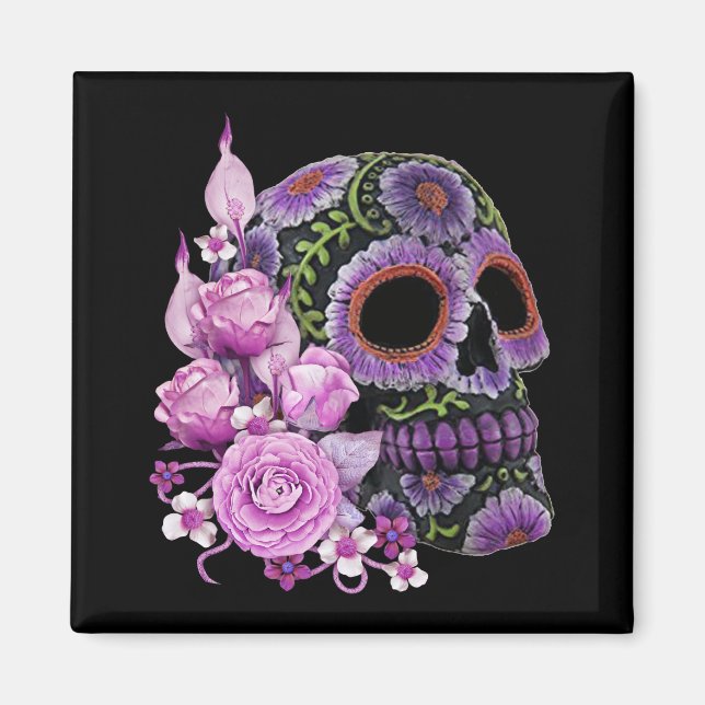 Pink Floral Black Sugar Skull Day Of The Dead Magnet (Front)