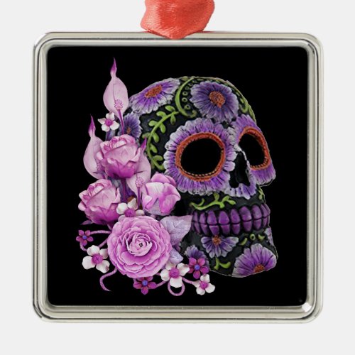 Pink Floral Black Sugar Skull Day Of The Dead Metal Ornament