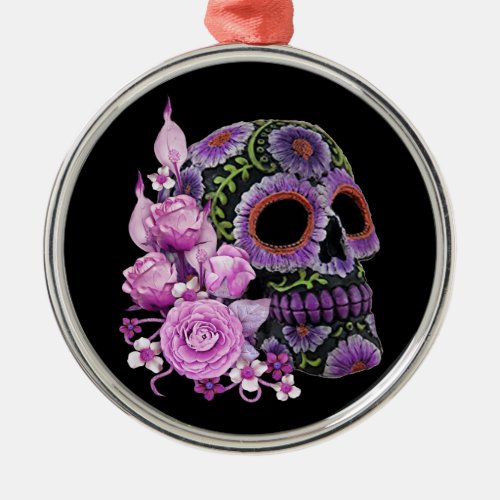 Pink Floral Black Sugar Skull Day Of The Dead Metal Ornament