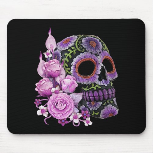 Pink Floral Black Sugar Skull Day Of The Dead Mouse Pad