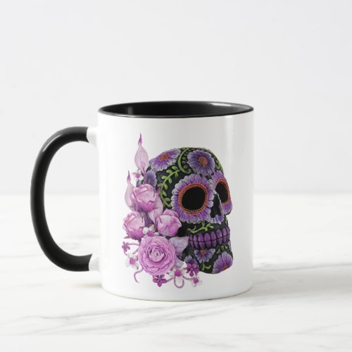 Pink Floral Black Sugar Skull Day Of The Dead Mug