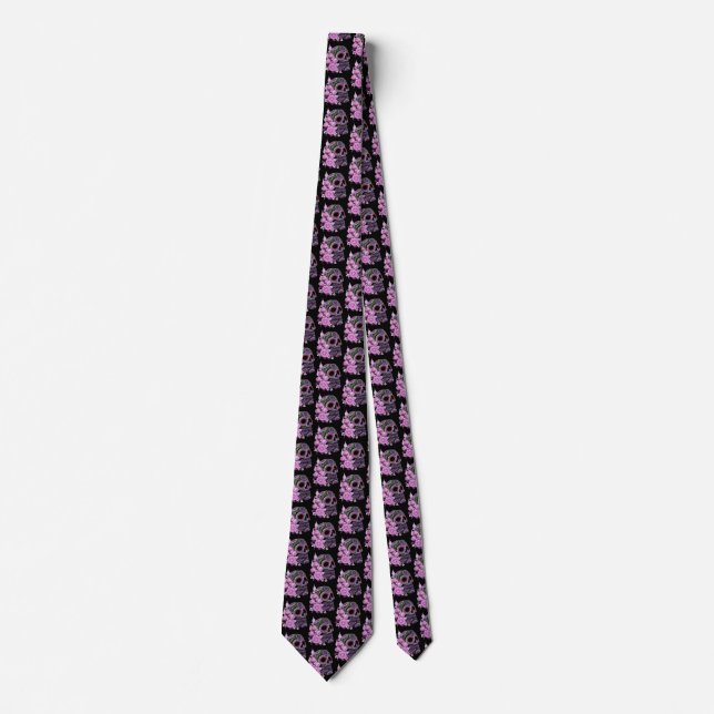 Pink Floral Black Sugar Skull Day Of The Dead Neck Tie (Front)