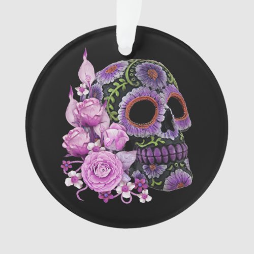 Pink Floral Black Sugar Skull Day Of The Dead Ornament