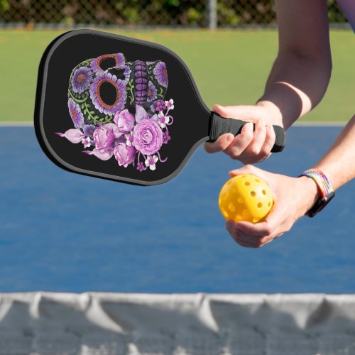 Pink Floral Black Sugar Skull Day Of The Dead Pickleball Paddle