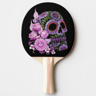 Pink Floral Black Sugar Skull Day Of The Dead Ping Pong Paddle