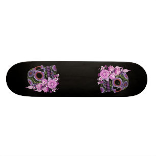 Pink Floral Black Sugar Skull Day Of The Dead Skateboard