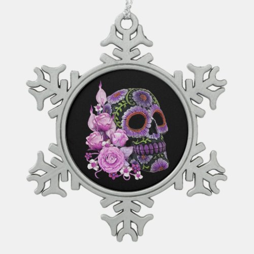 Pink Floral Black Sugar Skull Day Of The Dead Snowflake Pewter Christmas Ornament